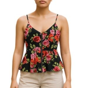 ECLIPSE Rose Floral Peplum Top Zip Embellished Spaghetti Strap Black Red Pink M